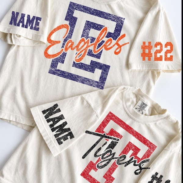 Custom Spirit Shirt, Personalized Team Tee, Custom Initial Shirt with Number & Sleeve Print, Game Day Shirt, Comfort Colors Tee