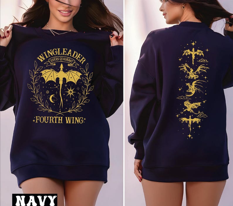 A woman wearing a navy blue sweatshirt with a graphic design on the front and back.