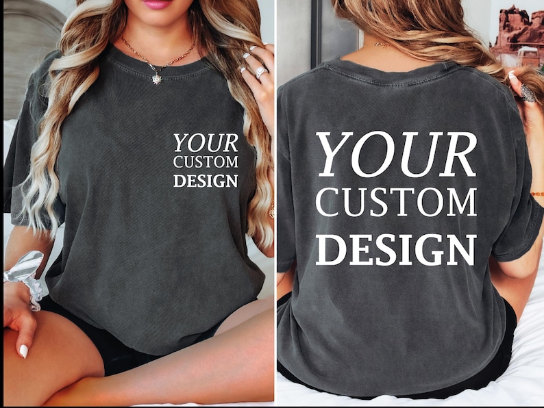 a woman sitting on a bed wearing a shirt that says your custom design