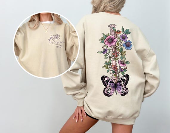 Personalized Spine Sweatshirt And Hoodie, Chiropractor Gift, Physical Therapy Radiology Nurse Shirt, Floral Skeleton Butterfly Spine, SFS663