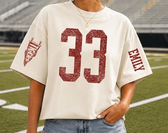 Custom Spirit Shirt, Personalized Team Tee, Custom Initial Shirt with Number & Sleeve Print, Game Day Shirt, DTG Printed Comfort Colors Tee