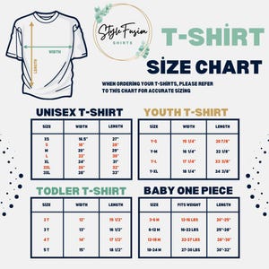The image is a size chart for T-shirts, providing measurements for different age groups and sizes. It includes a diagram of a T-shirt and a table with size and corresponding measurements.