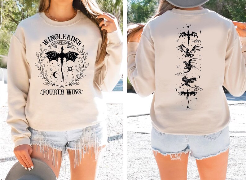 A woman wearing a white sweatshirt with a graphic design on the front and a back view of the design.