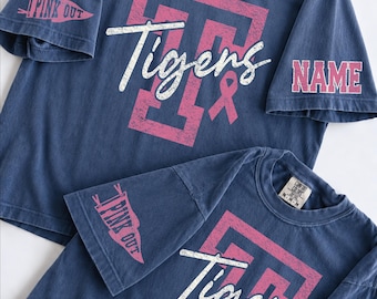 Custom Pink Out Mascot Shirt, Pink Out Breast Cancer Awareness Football Tee, Custom Team Name Number Boxy Tee, Comfort Colors Shirt
