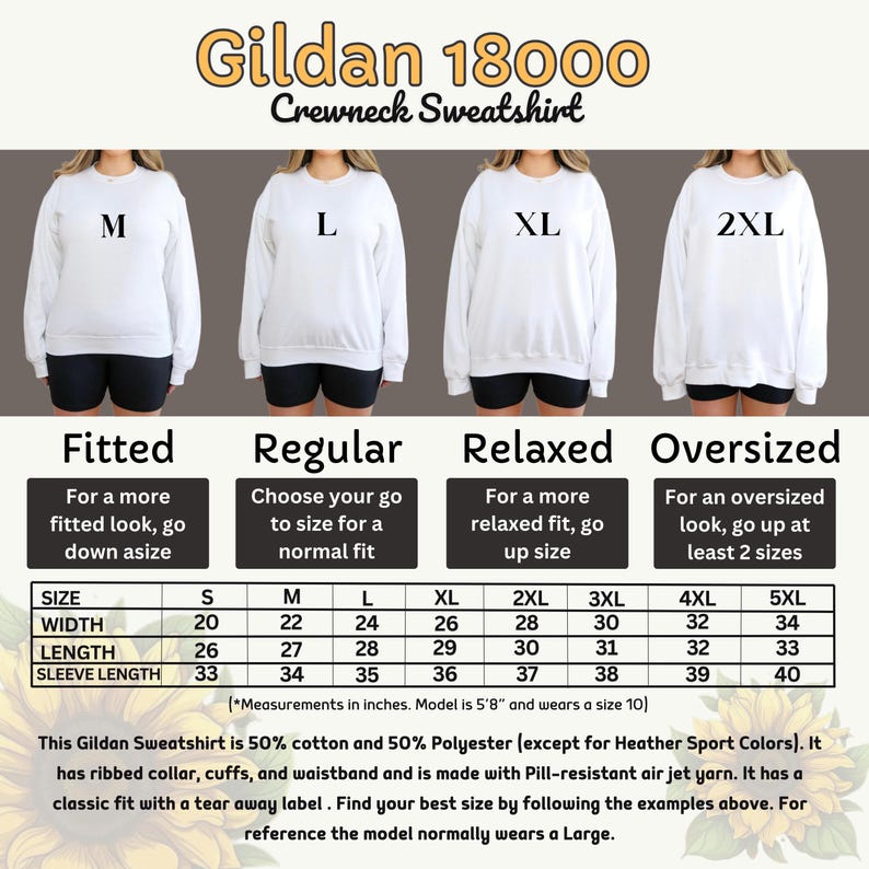 four different crew neck sweatshirts in various sizes, with measurements and descriptions for each size.