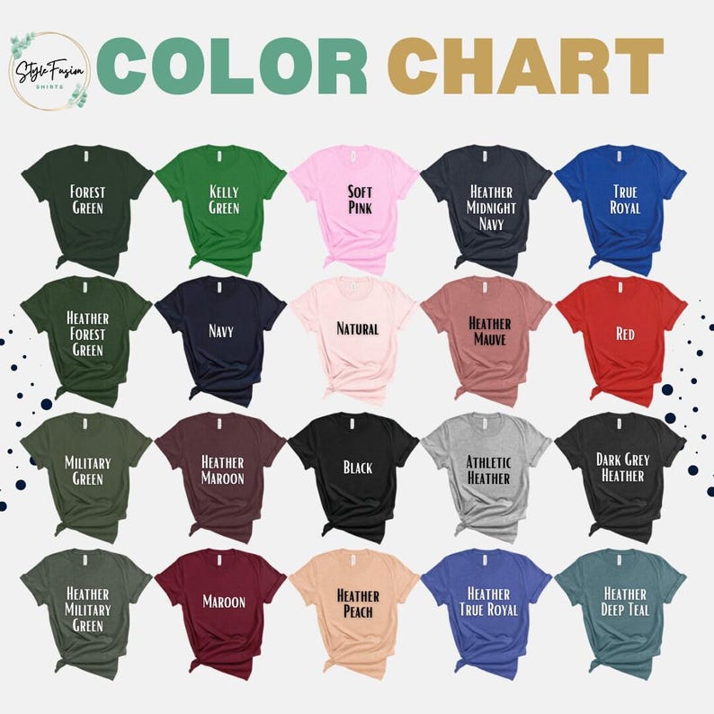a collection of t-shirts in various colors, arranged in a grid format.