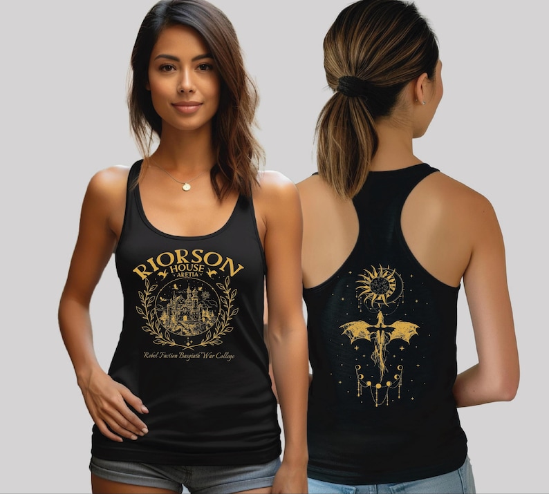 A woman wearing a black tank top with a graphic design on the front and a dragon design on the back.