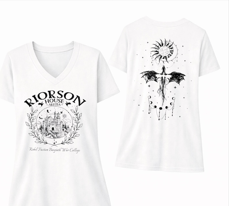 a white t-shirt with a graphic design on the front and back. The front design includes a castle and a sun, while the back design features a dragon and a sun.
