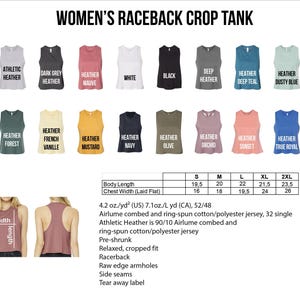The image is a collage of various women's raceback crop tank tops in different colors and styles, along with a table providing size and style information.