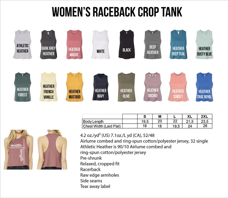 The image is a collage of various women's raceback crop tank tops in different colors and styles, along with a table providing size and style information.