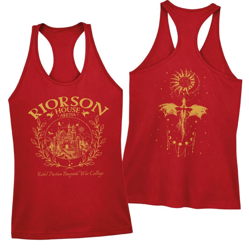 a red tank top with gold text and graphics.