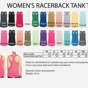 The image is a collage of various women's racerback tank tops in different colors and sizes, along with a table providing size and color information.