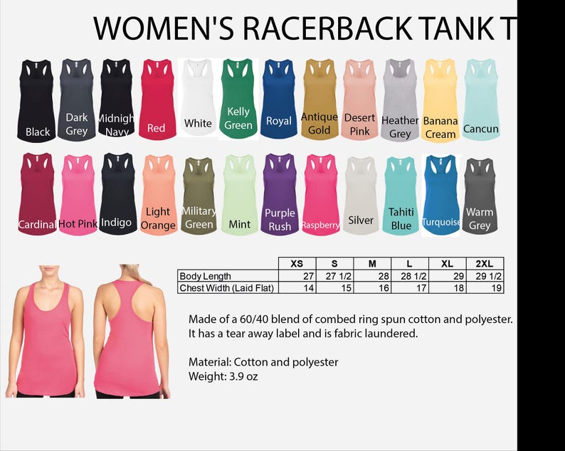 The image is a collage of various women's racerback tank tops in different colors and sizes, along with a table providing size and color information.