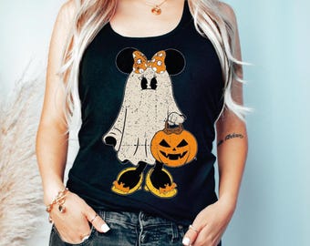 Retro Mickey Minnie Halloween Top Tank Racerback, Ghost Halloween Tank, Cute Pumpkin Ghost Tee, Mickey Minnie Ghost Tank Top