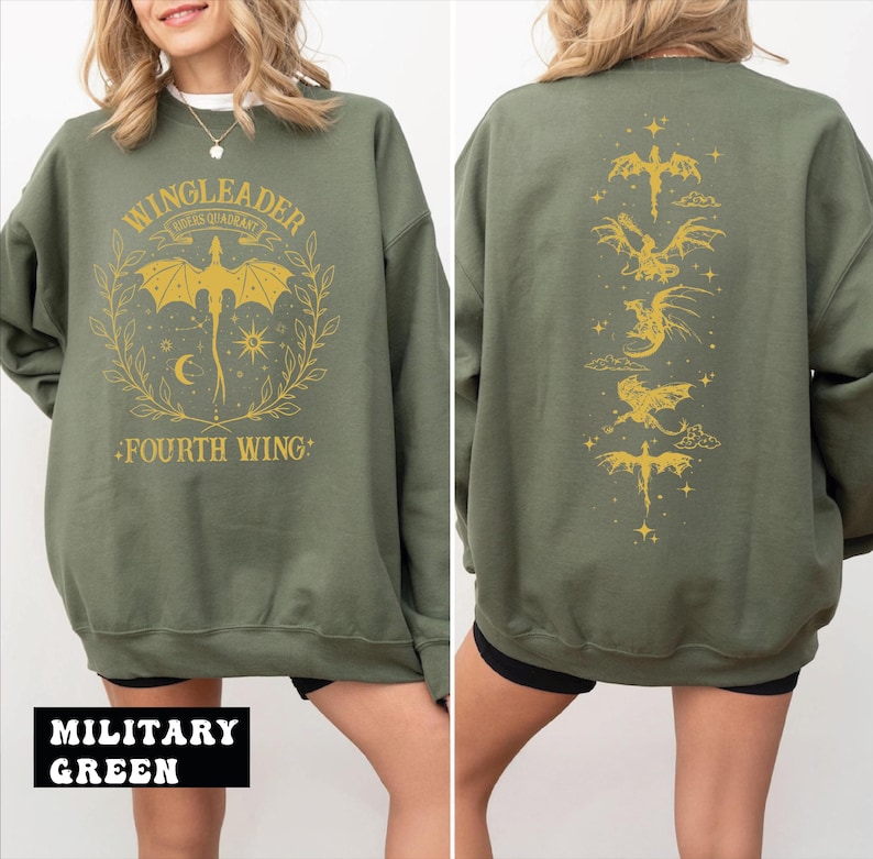 A woman wearing a green sweatshirt with a graphic design on the front and back.