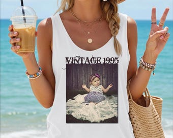 Custom Vintage Birthday Top Tank Racerback and Crop Tank, Birth Year Baby Photo Shirt, Custom Birth Year Picture Crop, Custom 30th 40th Tank