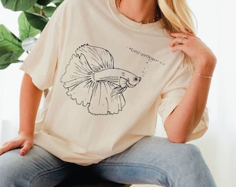 Camiseta de pez betta, adorable camiseta de pez luchador siamés, camiseta unisex de cuello redondo, camiseta de pez betta, regalo para dueños de peces SFS347