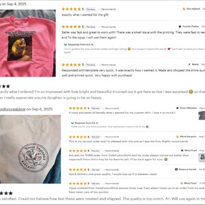 a collection of customer reviews for a clothing item, specifically a pink shirt with a yellow bird design. The reviews are predominantly positive, with customers expressing their satisfaction with the product and the seller's responsiveness to their comments. The image also includes a description of the shirt, which is a custom-made item, and a note about the seller's daughter.