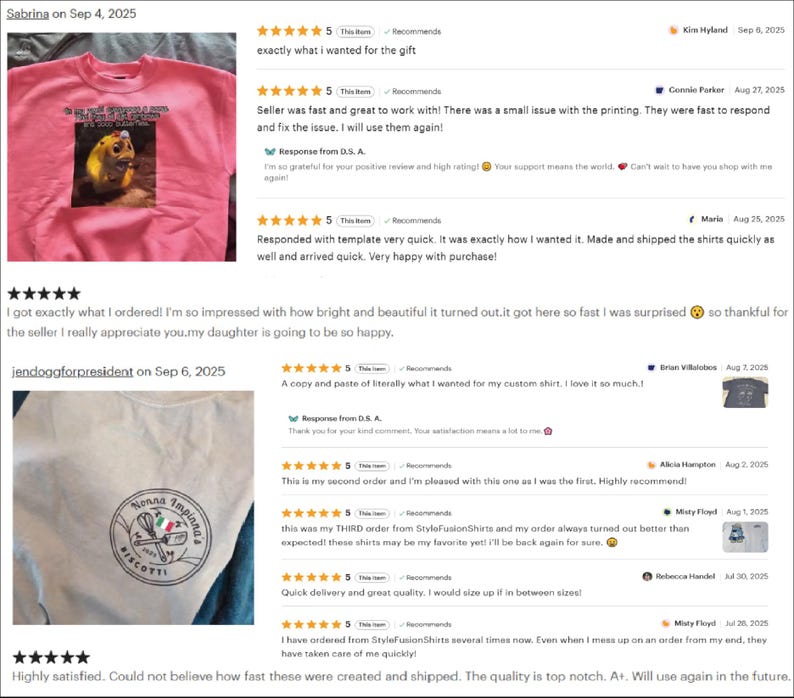 a collection of customer reviews for a clothing item, specifically a pink shirt with a yellow bird design. The reviews are predominantly positive, with customers expressing their satisfaction with the product and the seller's responsiveness to their comments. The image also includes a description of the shirt, which is a custom-made item, and a note about the seller's daughter.