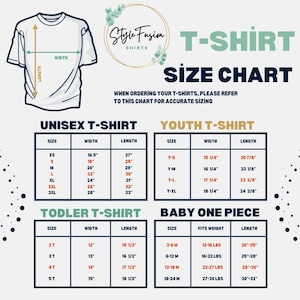 The image is a size chart for T-shirts, providing measurements for different age groups and sizes. It includes a diagram of a T-shirt and a table with size and corresponding measurements.