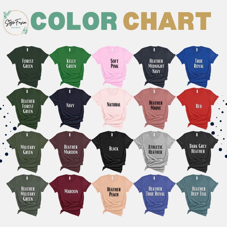 a group of t - shirts with the words color chart on them