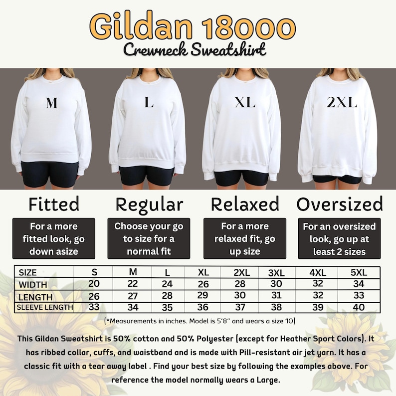 four different crew neck sweatshirts in various sizes, with measurements and descriptions for each size.