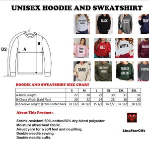 The image is a size chart for a unisex hoodie and sweatshirt, showing the measurements for different sizes.