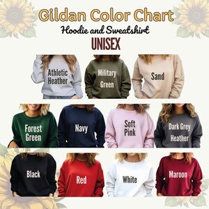 The image is a color chart that displays various colored hoodies and sweatshirts, including green, black, red, white, navy, forest green, soft pink, maroon, and sand.