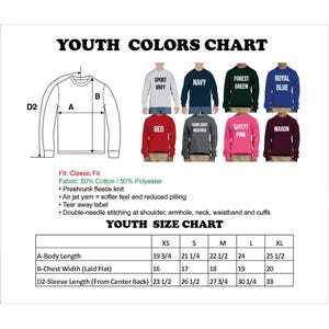 The image is a youth colors chart and youth size chart, which provide information on the sizes and colors of various youth clothing items.
