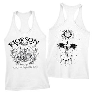 a white tank top with a graphic design on the front and back. The design includes a castle, a dragon, and a sun and moon motif. The front of the tank top displays the text "RIORSON HOUSE ARTEFICA" and " Rebel Fiction Basagath War College", while the back of the tank top shows a stylized depiction of a dragon and a sun and moon.