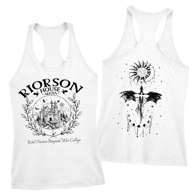 a white tank top with a graphic design on the front and back. The design includes a castle, a dragon, and a sun and moon motif. The front of the tank top displays the text "RIORSON HOUSE ARTEFICA" and " Rebel Fiction Basagath War College", while the back of the tank top shows a stylized depiction of a dragon and a sun and moon.