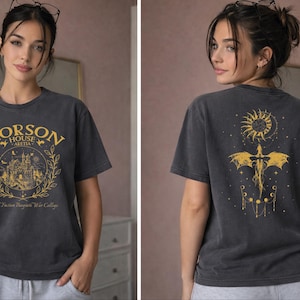 The image is a collage of two photos featuring a woman wearing a grey t-shirt with a graphic design on the front and back.