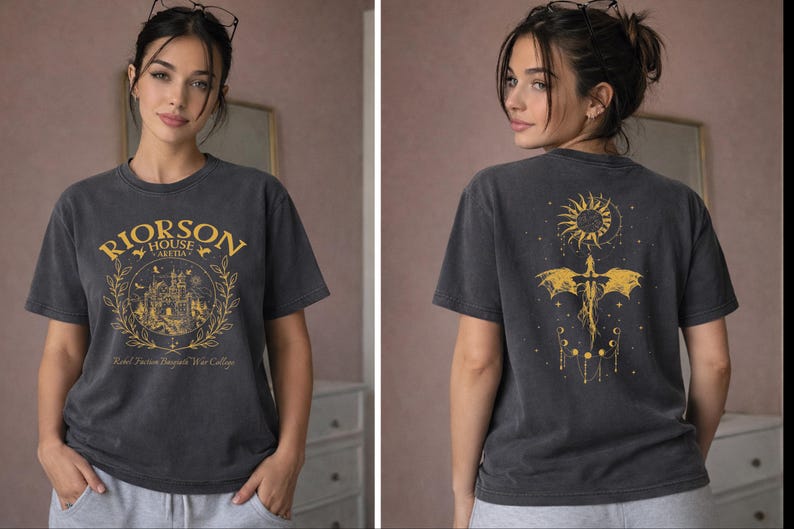 The image is a collage of two photos featuring a woman wearing a grey t-shirt with a graphic design on the front and back.