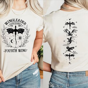 The image is a collage of two photos showing the back and front of a white t-shirt with a graphic design featuring a dragon and the text "WINGLEADER" and "FOURTH WING".