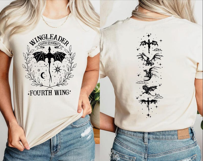 The image is a collage of two photos showing the back and front of a white t-shirt with a graphic design featuring a dragon and the text "WINGLEADER" and "FOURTH WING".