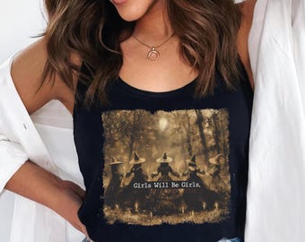Girls Will Be Girls Witch Top Tank Racerback and Crop Tank, Halloween Women Shirt, Vintage Halloween Tank, Spooky Witchy Vibes, SFS718