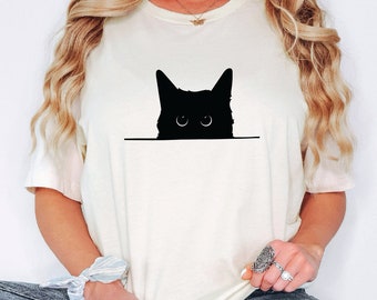 Cat Shirt, Cute Black Cat T-shirt, Cat Peeking Shirt, Funny Shirt, Gift for Cats Lover, Cat Mom Tee, SFS0162
