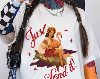 UKRAINIAN FLAMINGO MISSILE T-Shirt, Just Send It Ukraine War Tee, Vintage Poster Aesthetic