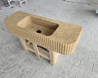 Handmade Vein Cut Travertine Sink: Custom Beige Marble Vessel