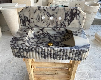 Hand-Carved Calacatta Viola Marble Sink, Fluted Vanity Basin