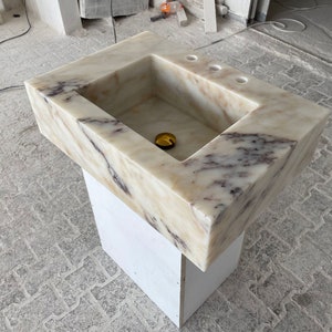 Fregadero de mármol Calacatta Viola, fregadero flotante con protector contra salpicaduras, tocador de fregadero de mármol, fregadero de tocador, fregadero montado en la pared
