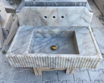 Hand Carved Calacatta Gold Marble Sink, Farmhouse Bathroom