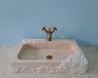 Handgemaakte travertijnmarmeren gootsteen: Calacatta-stenen gootsteen, wandmontage