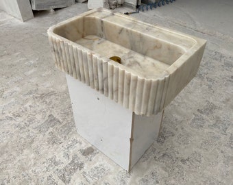 Hand-Carved Calacatta Viola Marble Sink, Fluted Vanity Basin