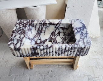 Hand Carved Calacatta Viola Marble Sink: Fluted Front Vanity