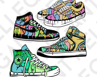 4-PAK Graffiti Style Sneaker Shoes with Drips Kolorowa grafika SvG - PNG - EpS Naklejki, Szablony, Obwody, Koszulki, Nadruk, CNC, Karty,