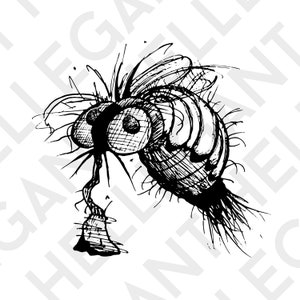 Puede incluir: Un dibujo en blanco y negro de una mosca con ojos grandes y redondos y una probóscide larga y delgada. La mosca está dibujada en un estilo de dibujos animados y tiene una expresión humorística.