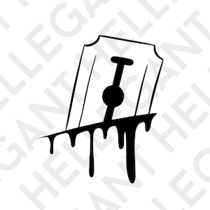May include: Black and white illustration of a razor blade with dripping blood. The blade is sharp and dangerous, and the blood is thick and viscous.