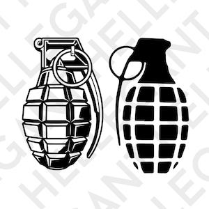 May include: Two black and white illustrations of hand grenades. The grenades are drawn in a simple, cartoon style.