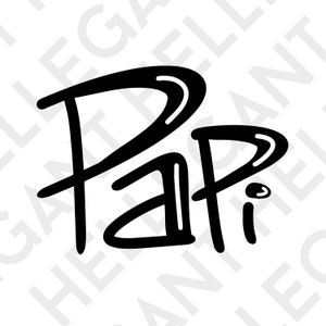 May include: Black cursive text spelling "Papi" against a white backdrop. The lettering is bold and handwritten, with a distinctive "i" featuring a small dot. The design is clean and contemporary.